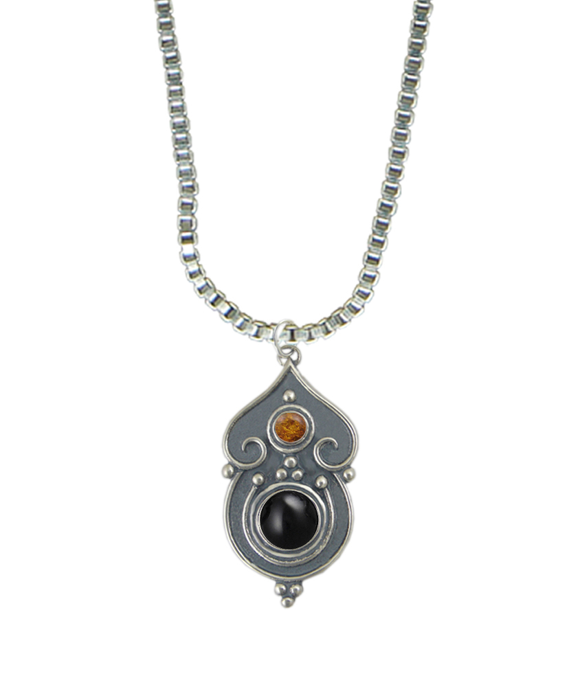 Sterling Silver Necklace Black Onyx And Amber